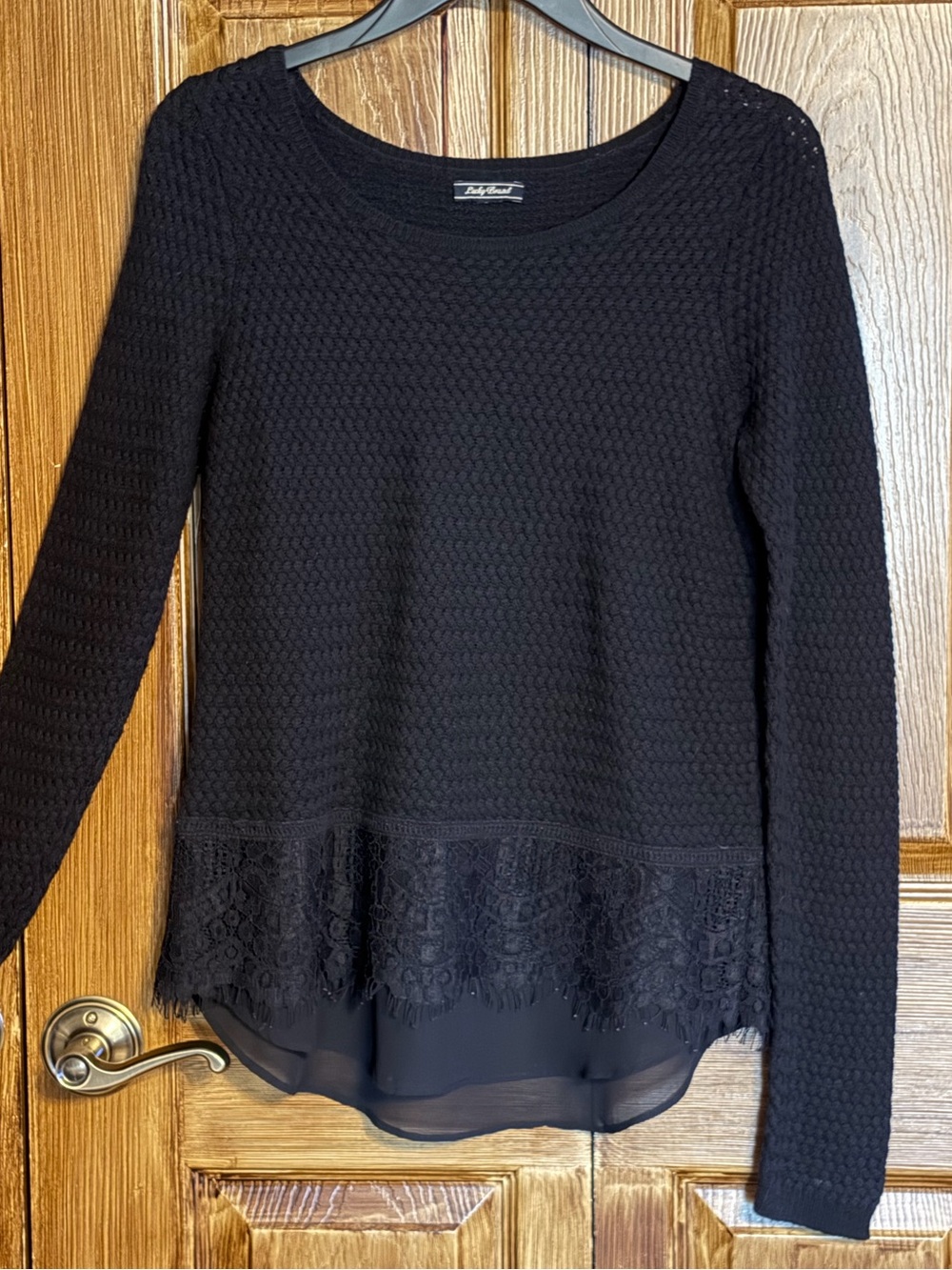 Lucky Brand Basket Weave Long Sleeve Black Sweater with Lace Knit Hem